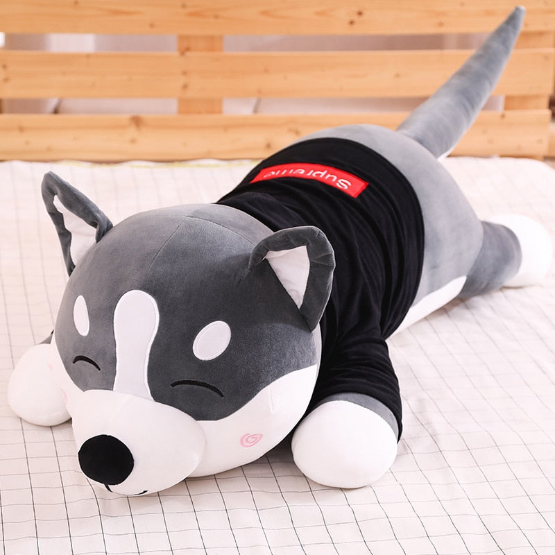 80/100cm Funny Dressed Husky Pillow Stuffed Doll Stripe Sweater Soft Husky Lying Plush Toy Cute Dog Animals Kids Birthday Gift
