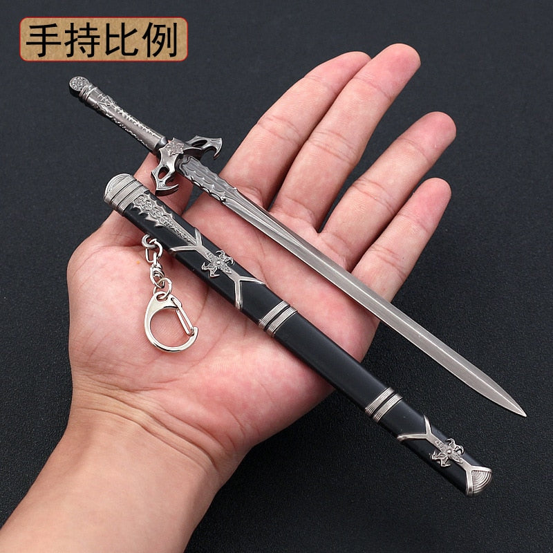 [22CM~8.66"] Disaster Subduing Sword Grey Metal Cold Weapons Model Scabbard Keychain Home Ornaments Crafts Decoration 1/6 Doll Equipment